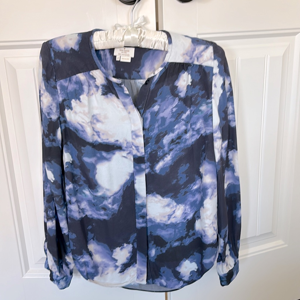 Kate Spade New York Long Sleeve Printed Crepe Blouse In “Blue Dusk”